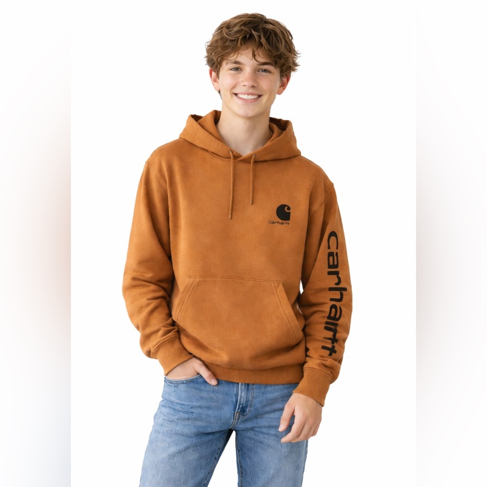 Carhartt Youth L 14/16 Hoodie Brown Logo Sleeve Sweatshirt